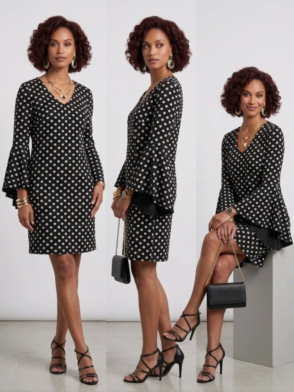 MSK Black White Polka Dot Bell Sleeve Dress - NEW